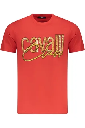 Roberto Cavalli Tops, Heren, Rood, M, Katoen, Rode Statement Print Crew Neck Tee