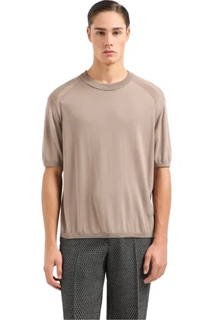 Emporio Armani Tops, Heren, Bruin, M, Katoen, Smalle Gebreide Trui met Korte Mouwen