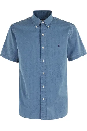 Ralph Lauren Overhemden, Heren, Blauw, L, Katoen, Indigo Korte Mouw Sportshirt