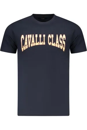 Roberto Cavalli Tops, Heren, Blauw, L, Katoen, Blauw Signature Print Crew Neck T-Shirt