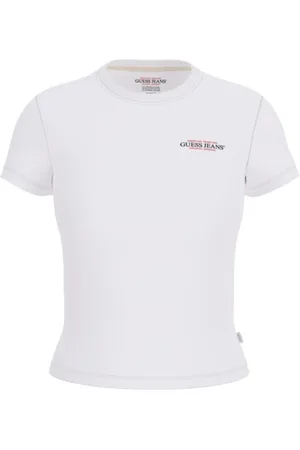 Guess Tops, Dames, Wit, L, Katoen, Slim Mini America T-Shirt Wit Katoen