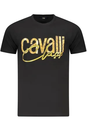 Roberto Cavalli Tops, Heren, Zwart, M, Katoen, T-shirt met opvallende print en ronde hals