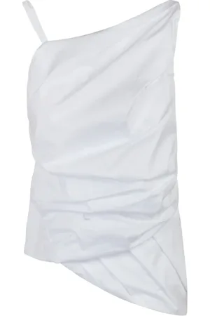LIVIANA CONTI Tops, Dames, Wit, M, Katoen, Asymmetrische Popeline Top met Drapering
