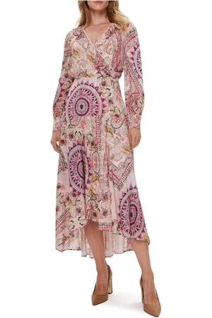 Guess Kleedjes, Dames, Roze, S, Multicolor V-hals Lange Mouw Jurk