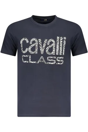 Roberto Cavalli Tops, Heren, Blauw, XL, Blauw Logo Crew Neck T-Shirt