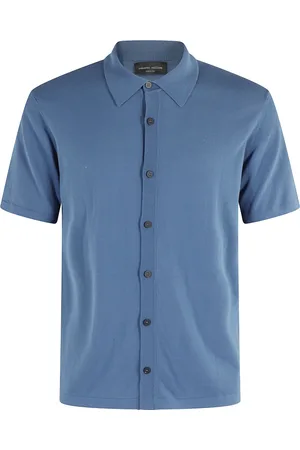 Roberto Collina Truien, Heren, Blauw, XL, Katoen, Denim Katoenen Overhemd Korte Mouw Knoop