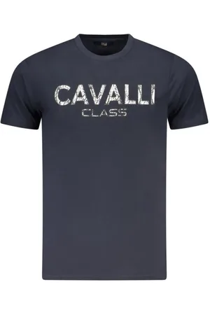 Roberto Cavalli Tops, Heren, Blauw, L, Katoen, T-shirt met opvallende print