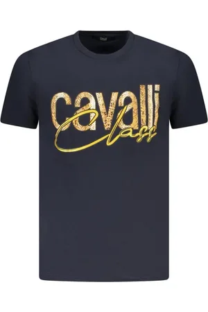 Roberto Cavalli Tops, Heren, Blauw, XL, Katoen, T-shirt met Distinctive Print