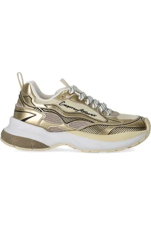 Emporio Armani Schoenen, Dames, Geel, 39 EU, Leer, Gouden Mesh Sneaker met Futuristisch Design