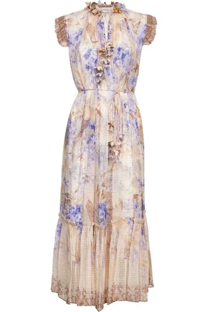 ZIMMERMANN Kleedjes, Dames, Veelkleurig, S, Bloemenprint Midi Jurk Lila