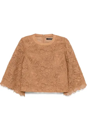 Karl Lagerfeld Blouses & Shirts, Dames, Bruin, M, Katoen, Blouse met geborduurd orchidee patroon