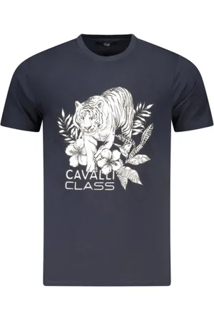 Roberto Cavalli Tops, Heren, Blauw, L, T-shirt met iconische print