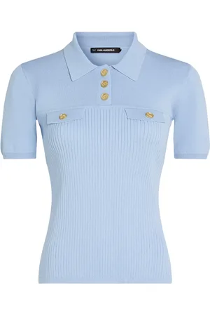 Karl Lagerfeld Tops, Dames, Blauw, M, Licht grijsblauw poloshirt met gouden knopen