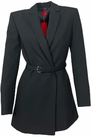 HUGO BOSS Jassen, Dames, Zwart, S, Polyester, Zwarte Seersucker Blazer met Riem