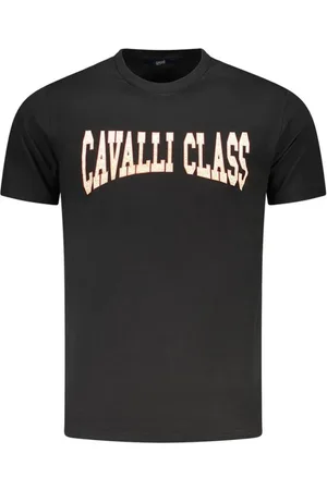 Roberto Cavalli Tops, Heren, Zwart, M, Katoen, T-shirt met gedurfd print en iconisch logo