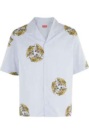 Kenzo Overhemden, Heren, Veelkleurig, S, Katoen, Gestreept Hawaïshirt met tijgerprint