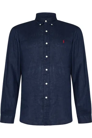 Ralph Lauren Overhemden, Heren, Blauw, M, Linnen, Blauw Linnen Overhemd met Knoopsluiting