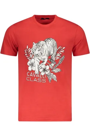 Roberto Cavalli Tops, Heren, Rood, M, Katoen, Vurige Rode Katoenen T-shirt met Bevelvoerend Print