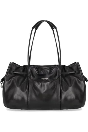Emporio Armani Tassen, Dames, Zwart, ONE Size, Katoen, Zwarte leren schoudertas met voorvak