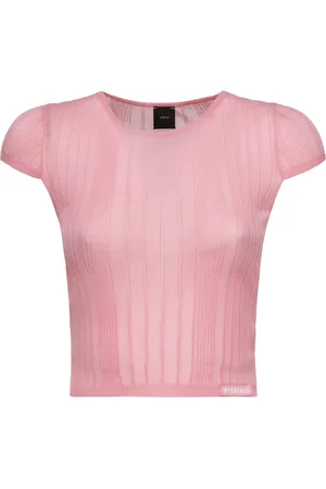 Pinko Truien, Dames, Roze, XS, Roze Sweaters Ronde Hals Korte Mouw Geribbeld