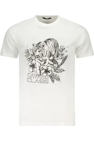 Roberto Cavalli Tops, Heren, Wit, XL, Katoen, T-shirt met opvallende print