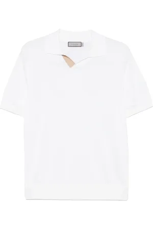 CANALI Tops, Heren, Wit, XL, Katoen, Gemengd katoenen poloshirt met leren details