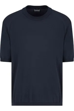 Emporio Armani Truien, Heren, Blauw, 2Xl, Katoen, Nachtblauwe Gebreide Trui met Korte Mouwen