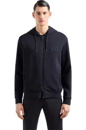 Emporio Armani Sweatshirts & Hoodies, Heren, Blauw, M, Katoen, Donkerblauwe sportieve stijl jas met logo borduurwerk