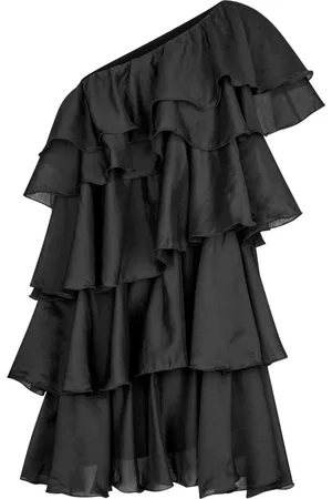 Crās Kleedjes, Dames, Zwart, L, Polyester, One-shoulder Jurk met Ruches in Laagjes
