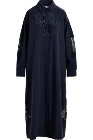 Essentiel Antwerp Kleedjes, Dames, Blauw, S, Katoen, Blauwe Lange Katoenen Overhemdjurk Geborduurd