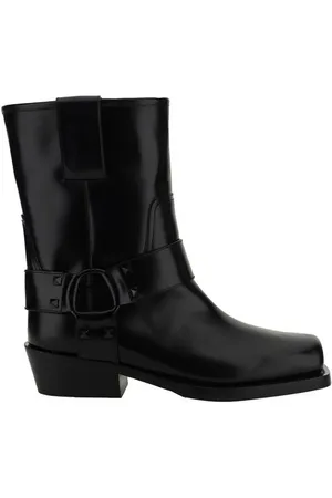 VALENTINO GARAVANI Schoenen, Dames, Zwart, 38 EU, Leren Bikerlaarzen met Gespbanden