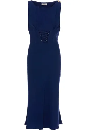 Elisabetta Franchi Kleedjes, Dames, Blauw, M, Blauwe Slim Fit Jurk met Gouden Metalen Details
