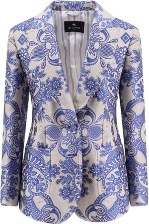 Etro Jassen, Dames, Blauw, L, Leer, Geborduurde Zijdemix Blazer met Piekrevers