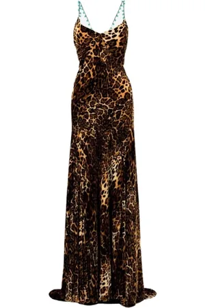 Roberto Cavalli Kleedjes, Dames, Bruin, S, Jurk met luipaardprint en gedrapeerde sleep