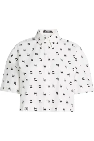 Karl Lagerfeld Blouses & Shirts, Dames, Wit, M, Katoen, Shirt met verkorte lengte en grafische merkopdruk