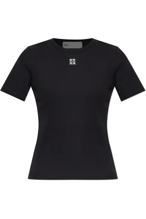 Tory Burch Tops, Dames, Zwart, S, Katoen, Geribbelde top met logopatch
