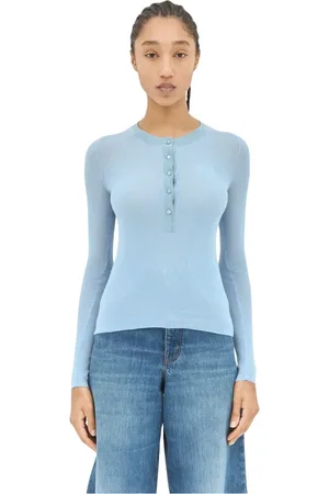 Chloé Truien, Dames, Blauw, L, Wol, Fijngebreide Henley Shirt van Superfijne Wol