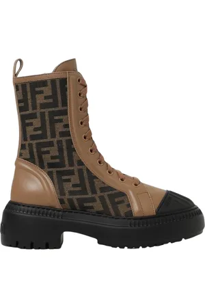 Fendi Schoenen, Dames, Bruin, 36 EU, Leer, Jacquard en leren enkellaarzen