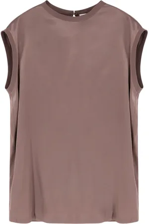 Brunello Cucinelli Tops, Dames, Bruin, XS, Zijden Mouwloze Trui met Achterknoop