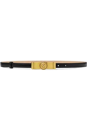 VERSACE Accessoires, Dames, Zwart, 70 CM, Zwarte Leren Riem met Gouden Logo