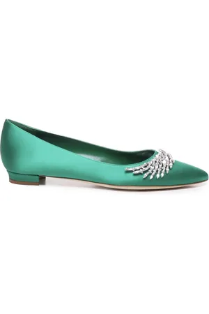 Manolo Blahnik Schoenen, Dames, Groen, 41 EU, Groene Kristal Platte Schoenen Puntig Ontwerp