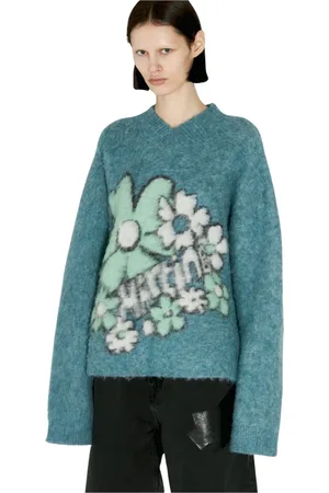 MARTINE ROSE Truien, Dames, Blauw, M, Wol, Grafische Jacquard V-hals Trui
