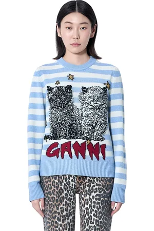 Ganni Truien, Dames, Blauw, S, Wol, Grafische Wollen Trui