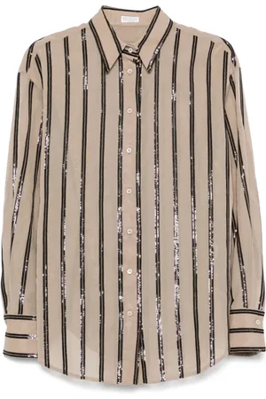 Brunello Cucinelli Blouses & Shirts, Dames, Bruin, S, Lichtbruine Knoopshirt Klassieke Kraag