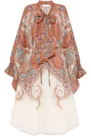 ZIMMERMANN Kleedjes, Dames, Veelkleurig, M, Blush Beige Geriemde Strik Kraag Jurk