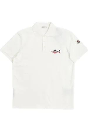 Moncler Tops, Heren, Wit, M, Katoen, Witte katoenen poloshirt met haaienlogo