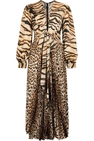 Roberto Cavalli Kleedjes, Dames, Bruin, S, Dierenprint Midi Jurk met V-Hals
