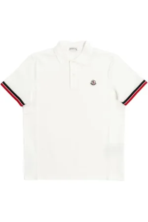 Moncler Tops, Heren, Wit, M, Katoen, Gestreepte Trim Katoenen Poloshirt
