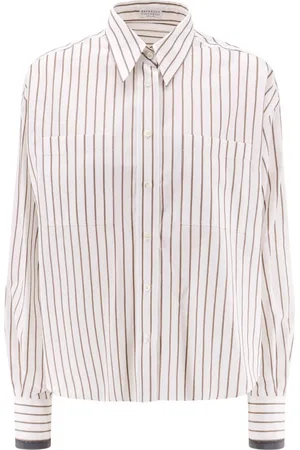 Brunello Cucinelli Blouses & Shirts, Dames, Veelkleurig, XS, Katoen, Blauw Overhemd met Knoopsluiting en Dubbele Voorzak