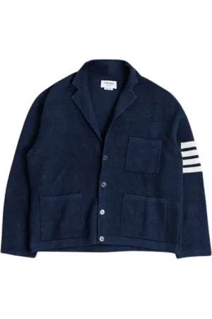 Thom Browne Truien, Dames, Blauw, M, Katoen, Blauwe Gebreide Vest met Witte Strepen